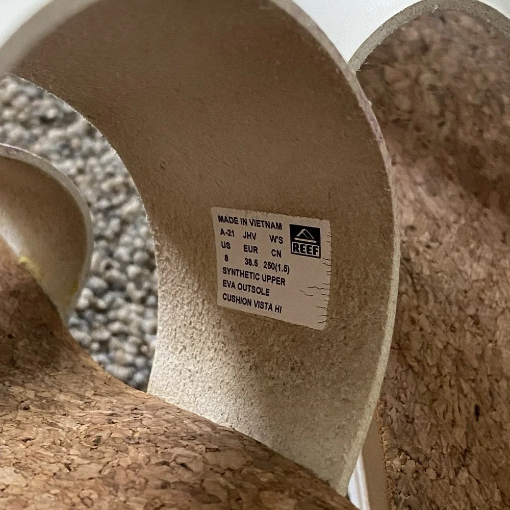 Reef Platform Sandals Women Sz 8 EU 38.5 White Strap Slide Cork Cushion Vista - Picture 4 of 8